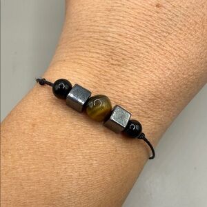 Vintage Boho Black Gray Beaded Dainty Bangle Cuff Adjustable Statement Bracelet